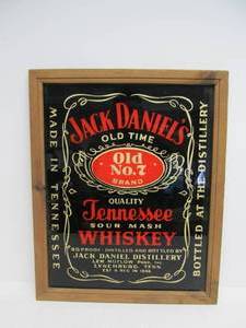 lot 105 image: Framed Vintage 1970s JACK DANIELS Glass Whiskey Advertising Mirror Sign