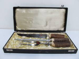 lot 128 image: Vintage Genuine Stag Handle Solingen German Carving Set