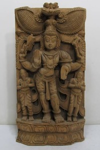 lot 27 image: Large Old Vintage Deep Relief Carved Wood Hindu Panel