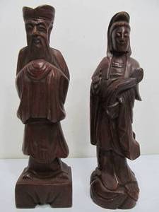 lot 28 image: Pair of Vintage Hand Carved Oriental Wood Figures