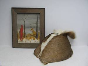 lot 205 image: Framed Comical Deer Hunting Painting & Taxidermy Whitetail Deer Wall Mount Bottle Opener