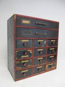 lot 86 image: Antique Folk Art Multi Drawer Cigar Box Cabinet