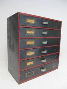 lot 87 image: Old Vintage 6-Drawer Wood PartsHardware Cabinet