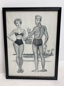 lot 172 image: Framed Vintage 1950s Comical Beach Print