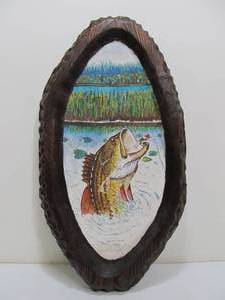 lot 268 image: Rustic Wood Framed Oil Painting - Jumping Bass