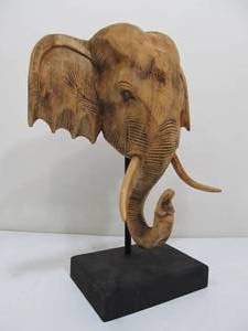 lot 269 image: Very Nice Hand Carved Elephant Head Wood Carving on Stand