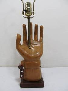 lot 271 image: Carved Vintage Large Wooden Hand Sculptural Table Lamp