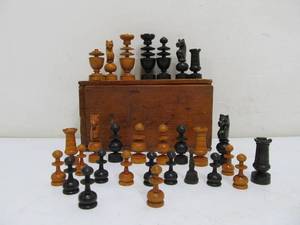 lot 291 image: Small Antique Wooden Set of Chess Pieces