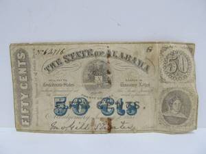 lot 301 image: Original State of Alabama Civil War Era 1963 50 Cent Confederate Currency Note