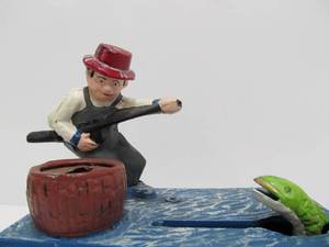 lot 209 image: Antique Style Cast Iron Fisherman Mechanical Coin Bank -  The One That Got Away