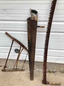 lot 309 image: 2 Large Antique Crosscut Saws & Buck Saw
