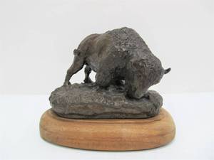 lot 342 image: Small Signed Bronze Buffalo Sculpture