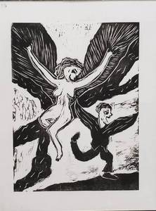 lot 356 image: Original Abstract Woodblock Winged Nude Lady and Happy Man Print