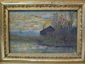 lot 9 image: Antique Gilt Wood Framed Oil on Board Painting