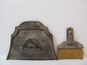 lot 12 image: Antique Hammered Metalware Dustpan & Hand Broom wDogs