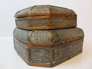 lot 20 image: 2 Woven Bamboo Stacking Boxes
