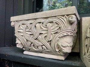 lot 101 image: Large Carved Stone Architectural Piece wLion Heads