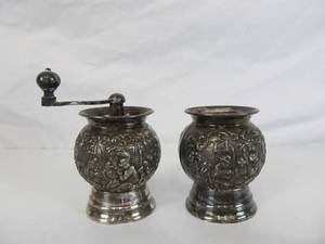 lot 128 image: Vintage Silverplated Repousse Peppermill & Salt Shaker Set