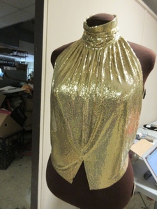 lot 818 image: WHITING & DAVIS GOLD MESH HALTER TOP WITH LEATHER STRING TRIM