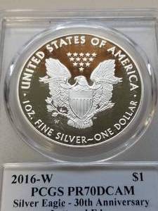 lot 27 image: 2016-W LETTERED EDGE 30th ANNIVERSARY SILVER EAGLE PROOF PCGS PR70DCAM