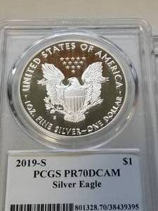 lot 40 image: 2019-S PROOF AMERICAN SILVER EAGLE PCGS PR70DCAM