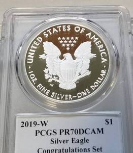 lot 43 image: 2019-W CONGRATULATIONS SET PROOF AMERICAN SILVER EAGLE PR70DCAM