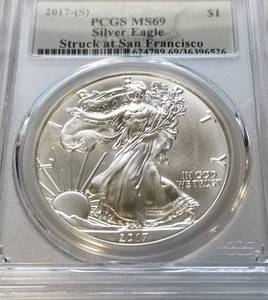 lot 48 image: 2017(S) AMERICAN SILVER EAGLE 1 TROY OZ. .999 FINE SILVER MS69 PCGS