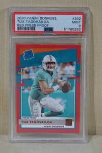 lot 19 image: 2020 Donruss Tua Tagovailoa Red Press Proof Rookie Card - PSA 9