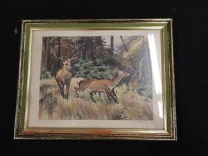 lot 32 image: Framed Watercolor of Deer