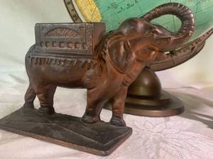 Vintage World Globe on Metal Stand, Cast Metal Elephant Bookends