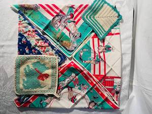 Beautiful china dish and colorful Hankies, Potholders, Art
