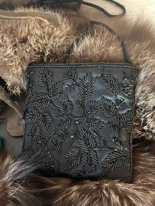 Fur collar, beaded bag, dancer sculpture, antique hat pins, small sewing scissor