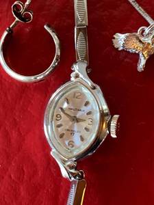 Necklace with Silver Eagle charm, Flag charm, small silver watch and silver earrings