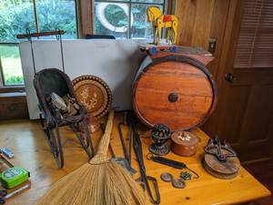 lot 31 image: Fireplace Tool Set and Ornamental WoodMetal Containers, Sleigh, and Barrel