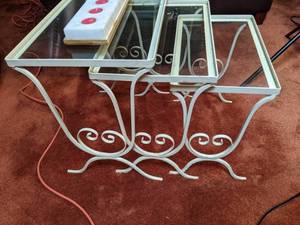 lot 20 image: Set of (3) Wrought Iron Nesting Tables & Candles