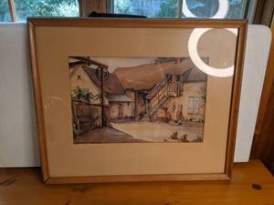lot 60 image: Echulle France 1930 by Ruth Carter Framed Artwork and Simple Wooden Clock