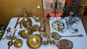 lot 344 image: Brass and Wrought Iron Lot - Bowls, Candlesticks, Trays, Letter K, Bell, Decorative Spoon, Hen
