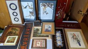 lot 347 image: Framed Art Lot, Many Vintage Silk Embroidered Birds, Turner Wall Accessory, J Gould Birds, Wall Barometer, and more
