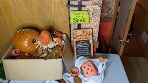 lot 334 image: Halloween Decor Lot - Pumpkins, Signs, Scarecrows, and more