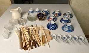 lot 114 image: Great Asian Lot Chopsticks, Rice Bowls w Spoons (Blue & White), Small Dishes, & More