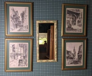 lot 100 image: Beautiful (4) pc Set of Framed Black & White Images of Neighborhood Streets & Decorative Mirror