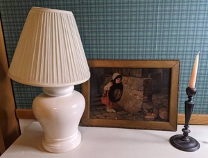 lot 108 image: Great Mixed Lot Lamp w Shade, Beautiful Artwork & Candle Holder