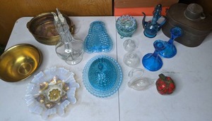 lot 206 image: Beautiful Glass & Copper Pieces Candle Holders, Candy Dishes, Tea Pot, Antique Lunchbox, & More