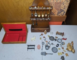 lot 208 image: Wonderful Mixed Lot Spoon Rack w Spoons, Doll House Items, Jewelry Box