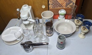 lot 209 image: Mixed Lot of Kitchen Items Krups Espresso Machine, Potato Ricer, Glasses, Mugs, Plates, Carafe, & More