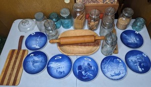 lot 211 image: Set of (8) B & G Copenhagen Porcelain Country Christmas Plates 1970s, Mason Storage Jars, Bowls, & More