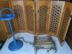 lot 215 image: Antique Anchor Clothes Wringer Washer 1800s, Antique Tall Ashtray, Set of (2) Shutters