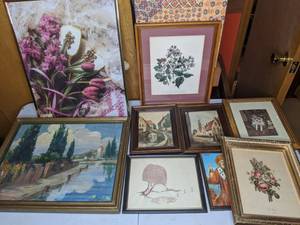 lot 201 image: Great Mixed Art Lot Vintage J.L. Prevost Botanical Framed Print, Religious Art, Floral, Landscapes, & More