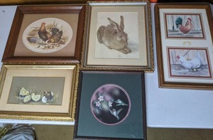 lot 204 image: Set of (5) Beautiful Animal Art T.C. Morris - Roosters & Chickens Print, Also Rabbit, Chicks, Humming Birds