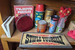 lot 278 image: Stifle Yourself Sign, Vintage Tins, TV & Movie Puzzles, Clone Yourself and More